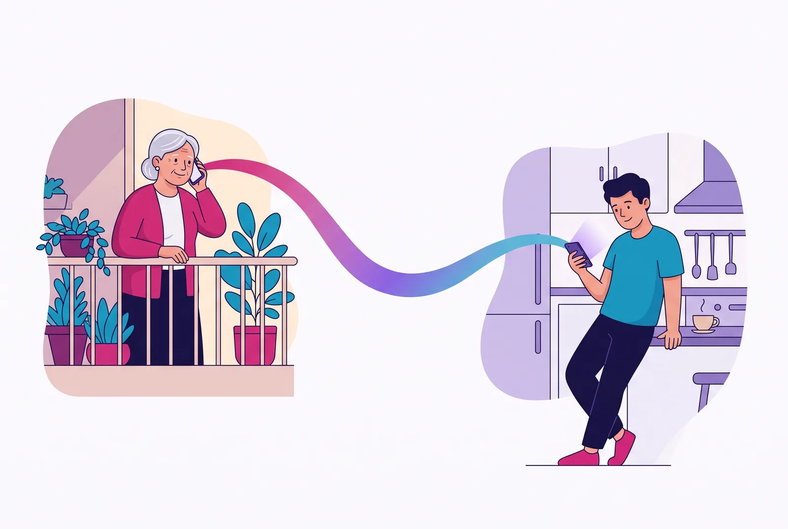 A grandmother on a balcony and her grandson in a kitchen, connected by a soft ribbon of light