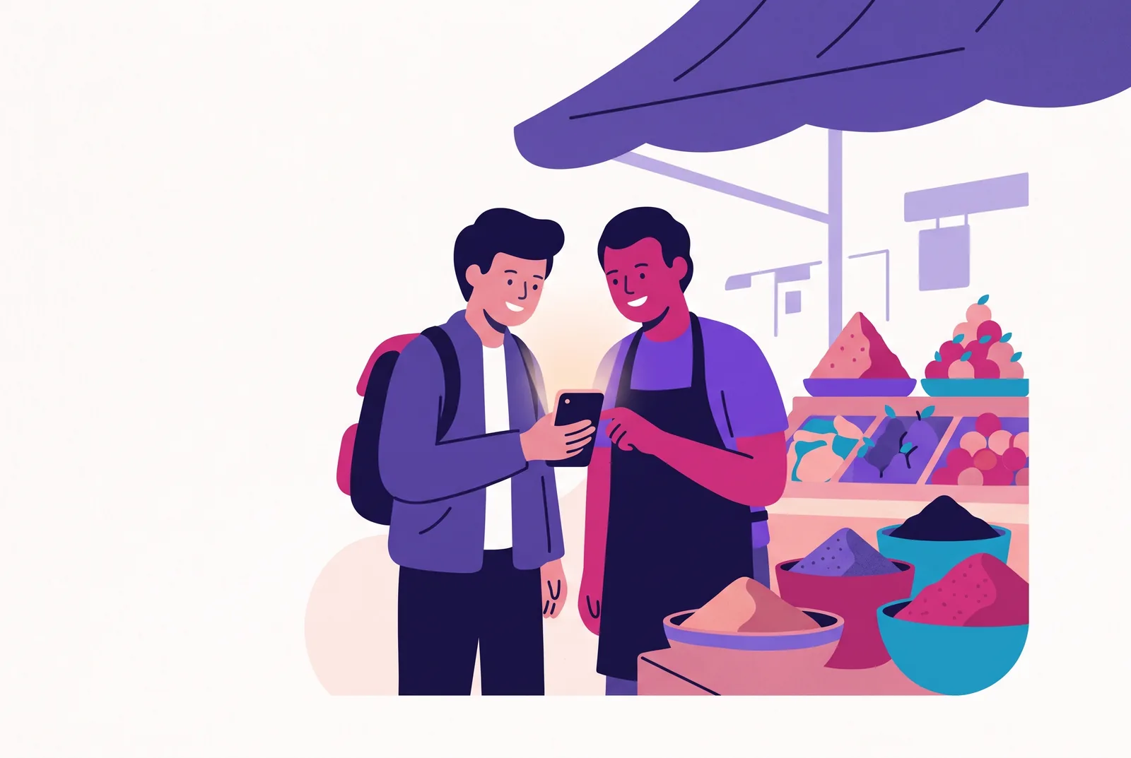 A traveler and a market vendor looking at one phone together