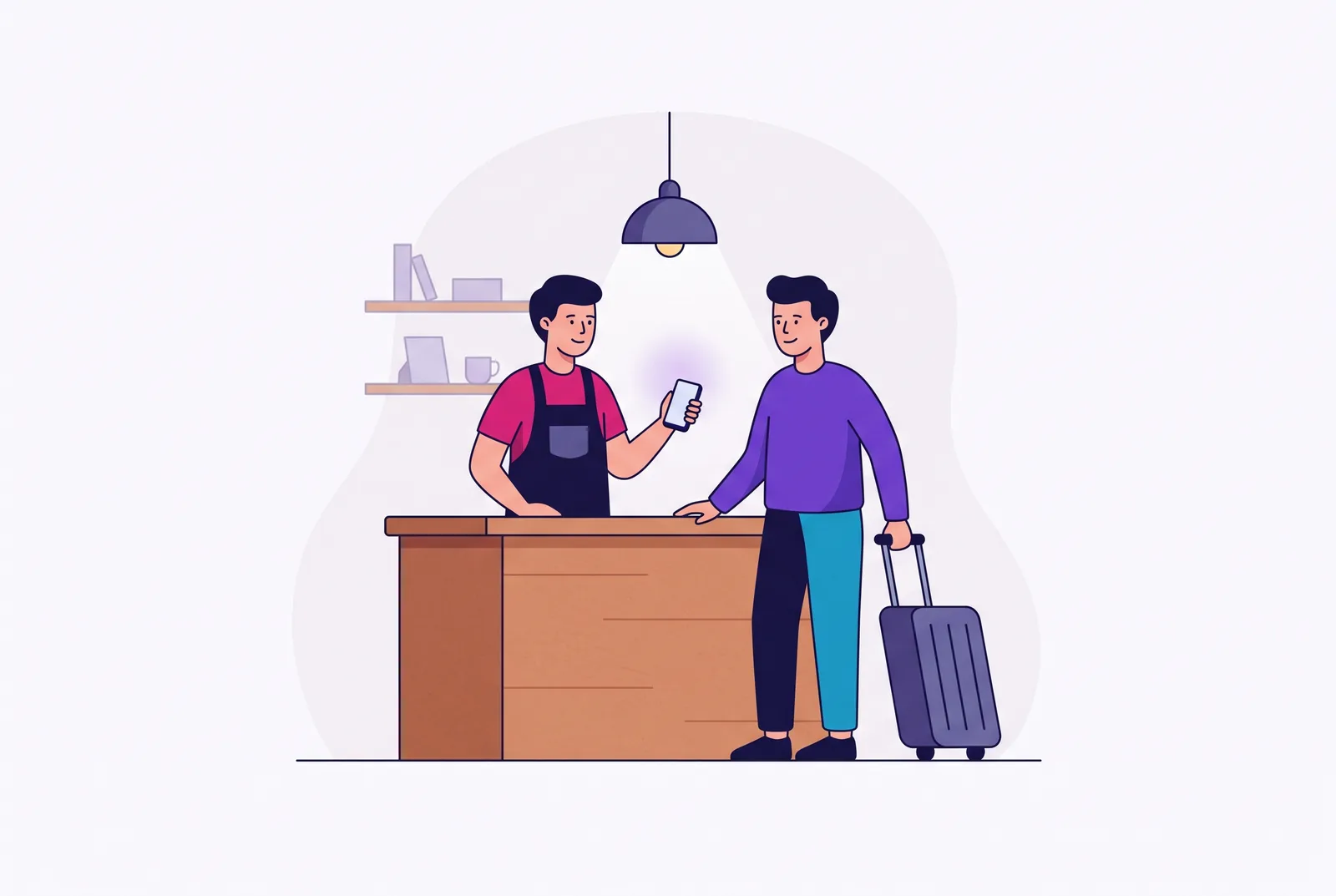 A shop owner showing a phone to a visiting client